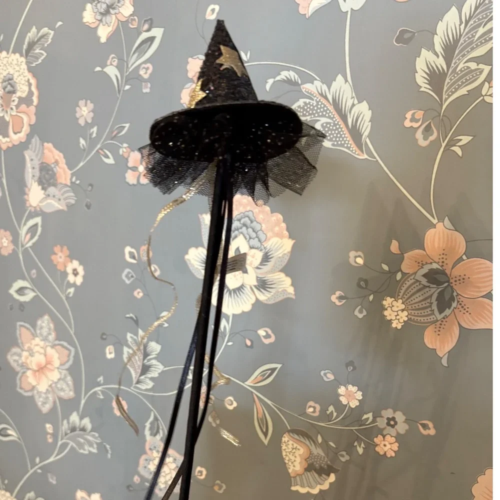 Pink Poppy Witch Hat Wand Black Glitter Stars Tulle Ribbon Halloween Costume NEW